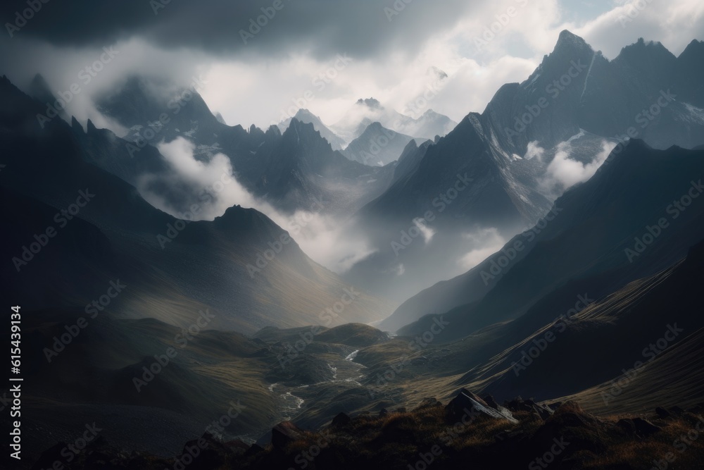 majestic mountain range, with clouds swirling around the peaks and valleys, created with generative ai