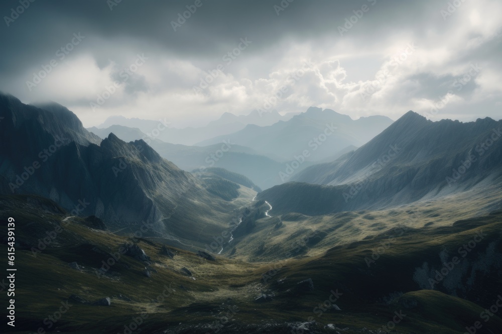 majestic mountain range, with clouds rolling over the peaks and valleys below, created with generative ai