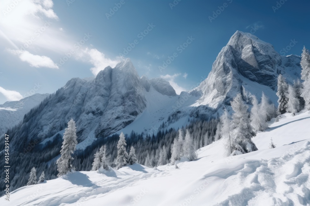 snow-covered mountain peaks with blue sky above, created with generative ai