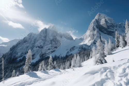 snow-covered mountain peaks with blue sky above, created with generative ai © Natalia