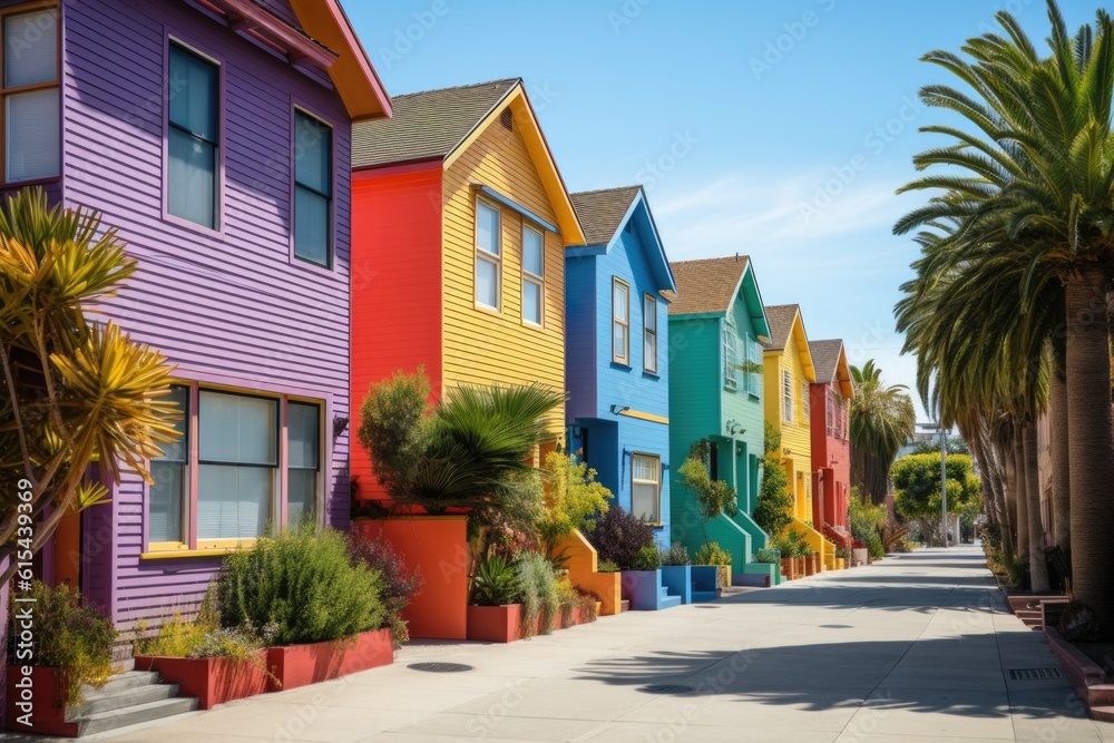neighborhood with brightly-colored houses, creating a vibrant and welcoming atmosphere, created with generative ai