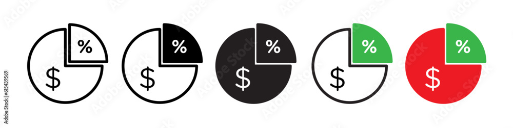 Profit margin icon set. Business finance profit icon. Profit share symbol in black, green, and red color.  - obrazy, fototapety, plakaty 