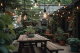 Interior of garden outdoor coffee shop, generative AI
