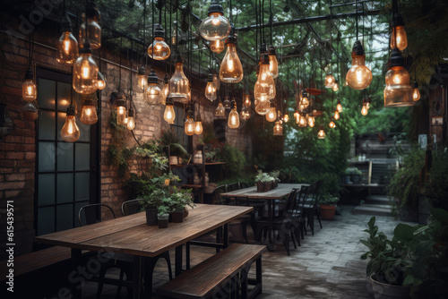 Interior of garden outdoor coffee shop, generative AI © Kien