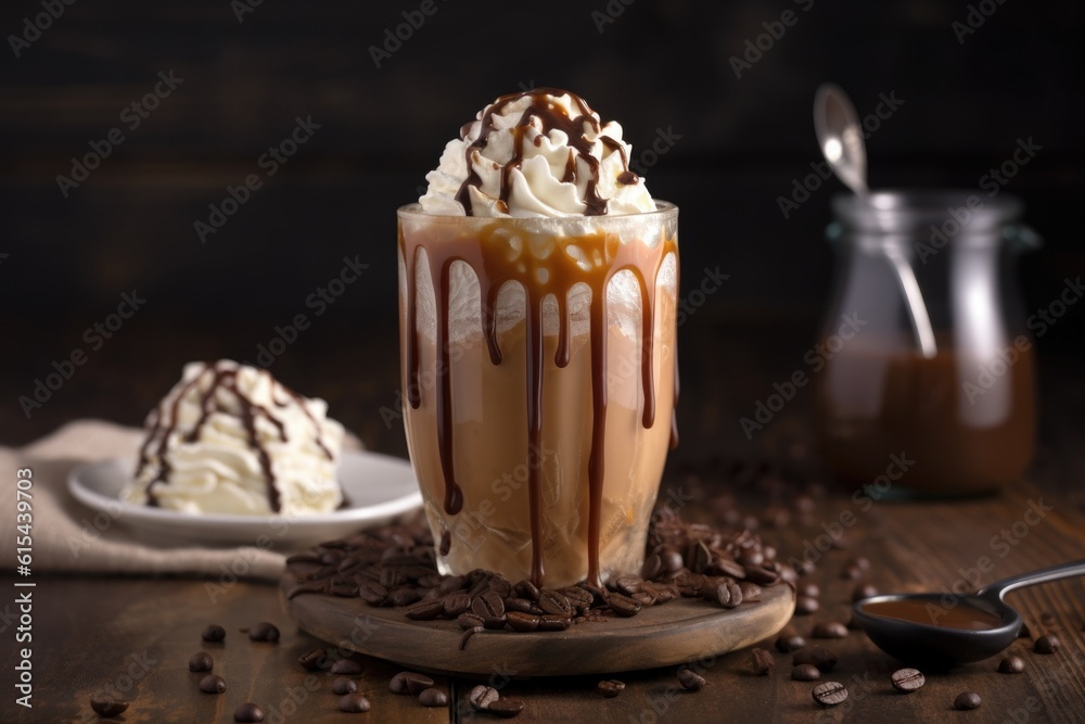 cup of iced coffee with foamy head and drizzle of chocolate sauce, created with generative ai cup of iced coffee with foamy head and drizzle of chocolate sauce, created with generative ai