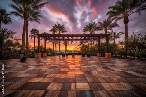 dance floor surrounded by palm trees and sunset in the background, created with generative ai