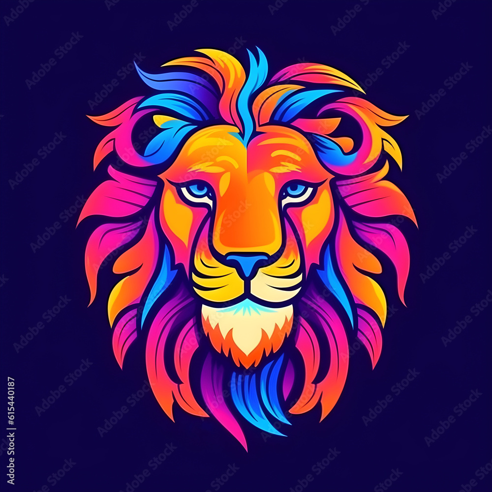 Bright neon lion face, ai generated