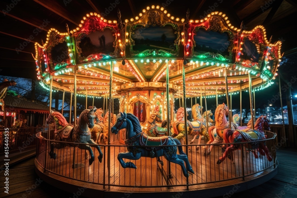 vintage carousel, with horses and chariots that move up and down, surrounded by colorful lights, created with generative ai