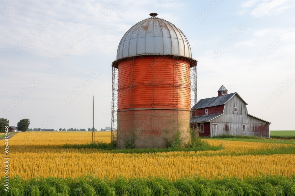 old-fashioned water tower in the middle of a field, surrounded by hay bales, created with generative ai old-fashioned water tower in the middle of a field, surrounded by hay bales, created with generative ai