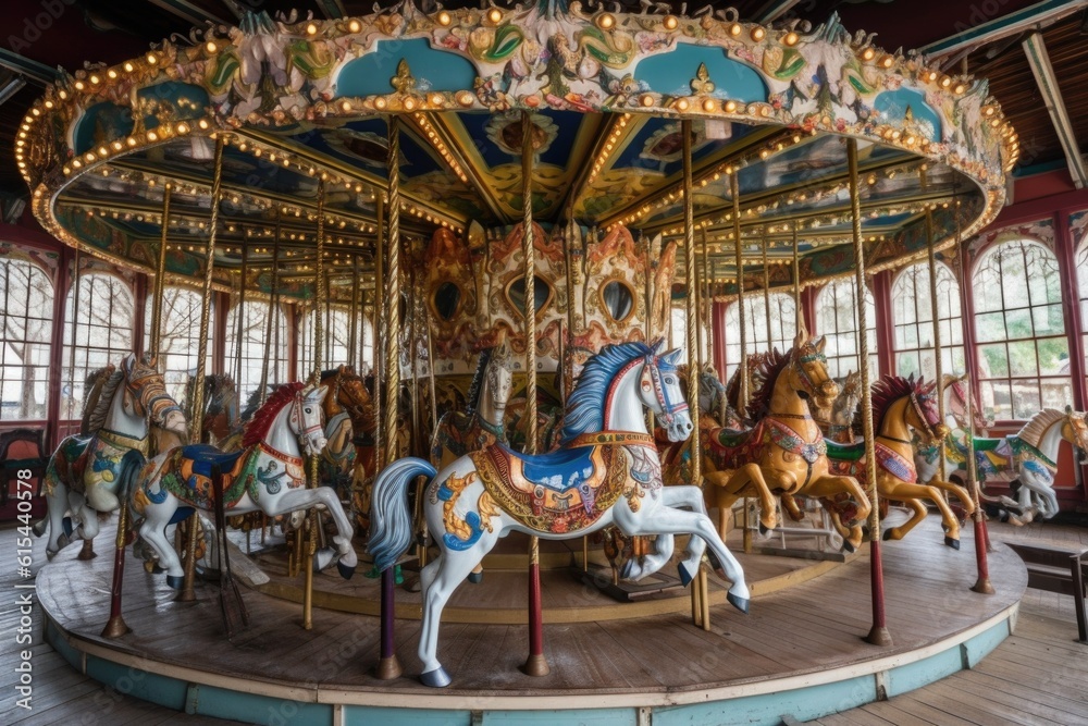 a vintage carousel, with colorful horses and chariots, spinning in the breeze, created with generative ai