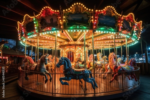 vintage carousel, with horses and chariots that move up and down, surrounded by colorful lights, created with generative ai © Natalia