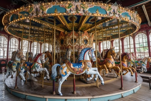 a vintage carousel  with colorful horses and chariots  spinning in the breeze  created with generative ai