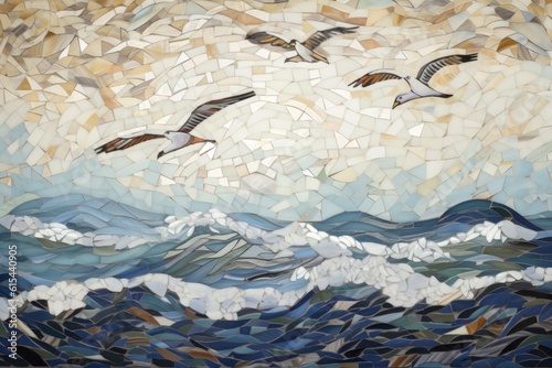 peaceful scene of soothing ocean waves and seagulls flying over the water with mosaic and stained glass artwork in the background, created with generative ai