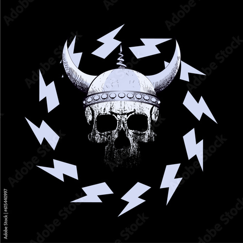 Viking skull t-shirt design with thunder symbols isolated on black. 