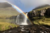 waterfall, with rainbow and clouds in the sky, against scenic mountain backdrop, created with generative ai
