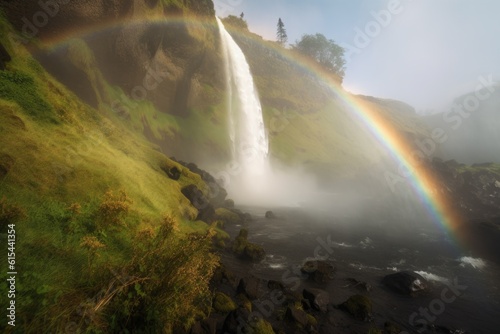 waterfall  with misty spray and rainbows  in colorful landscape  created with generative ai