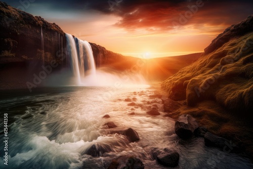 waterfall, with view of the sunset in the background, creating a magical atmosphere, created with generative ai