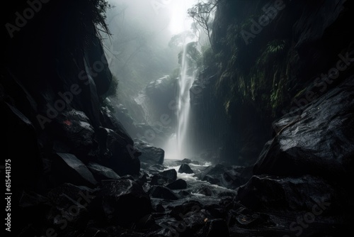 waterfall plunging into deep, dark abyss, with mist rising, created with generative ai