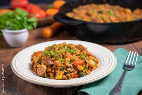 plate of freshly cooked jambalaya, with shrimp, andouille sausage & vegetables, created with generative ai