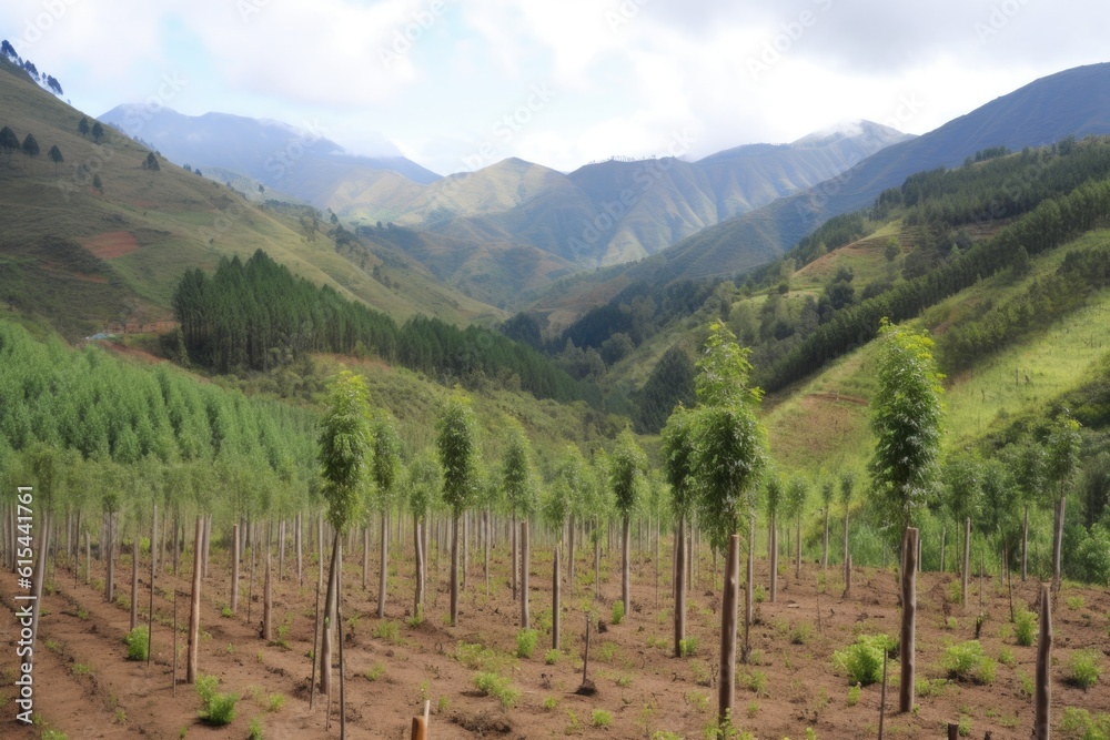reforested area, with view of nearby mountain range, showing the benefits and value of tree planting, created with generative ai