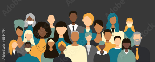 Different people stand side by side together. Flat vector illustration.
