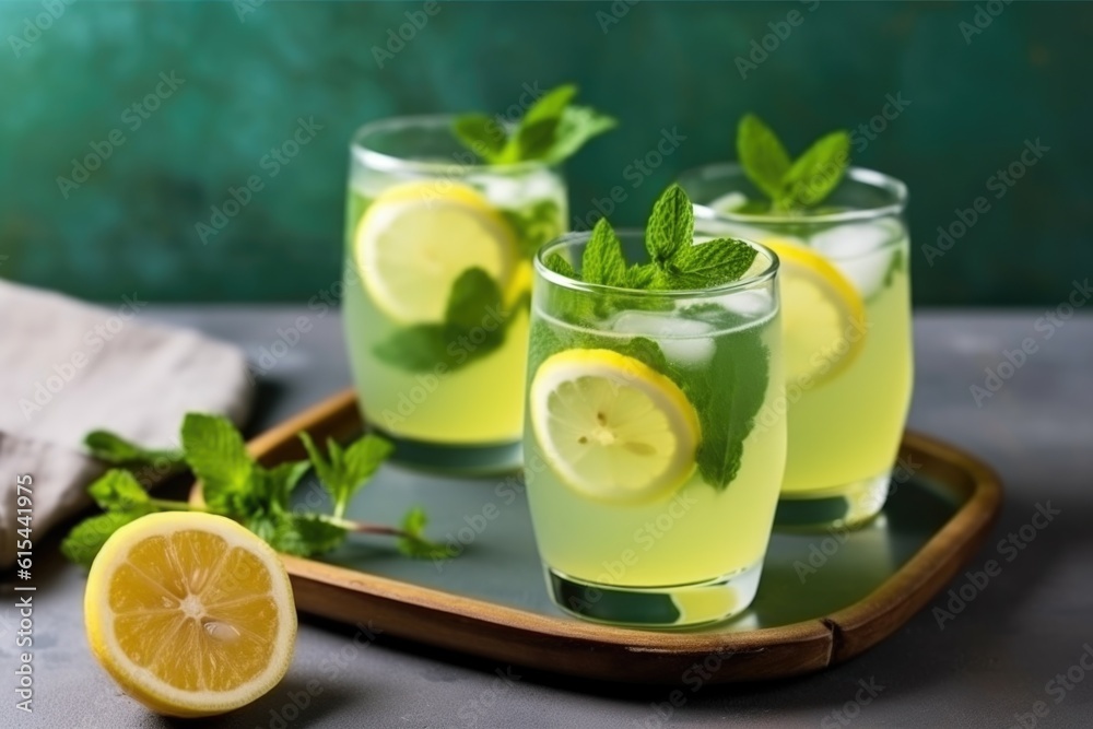 Fototapeta premium refreshing summer lemonade with fresh mint and slices of lemon, created with generative ai