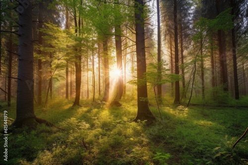 forest at sunrise  with rays of sunlight shining through the trees  created with generative ai