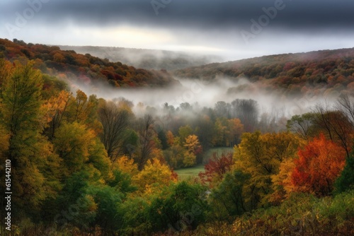 majestic forest valley, with fall foliage and mist in the air, created with generative ai