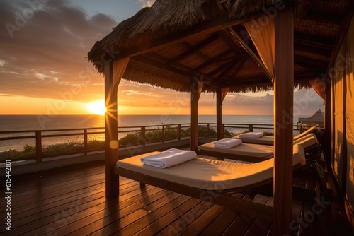 wellness retreats, with view of sunset over ocean, for peaceful and relaxing atmosphere, created with generative ai