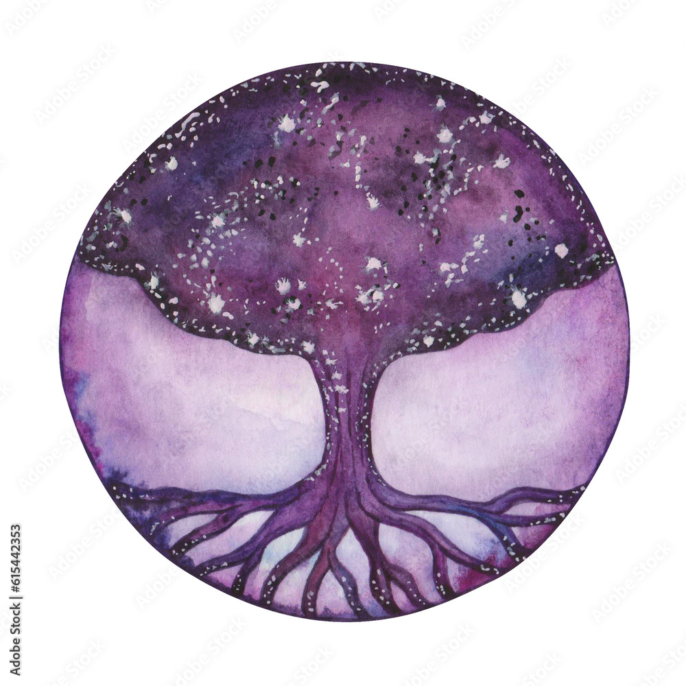 Watercolor illustration. Hand painted sacred tree of life in circle with crown, trunk and roots in purple, blue, black, violet colors. Space colors of starry night. Isolated nature clip art for banner - obrazy, fototapety, plakaty 