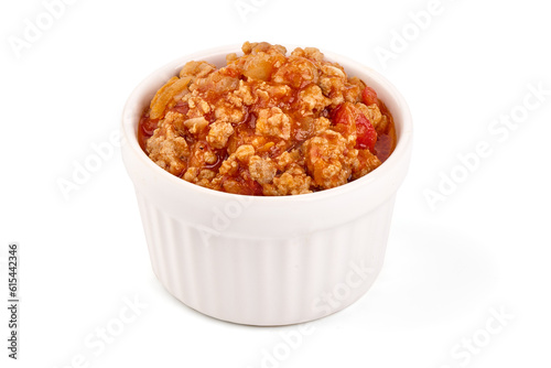 Bolognese sauce in a bowl, isolated on white background.