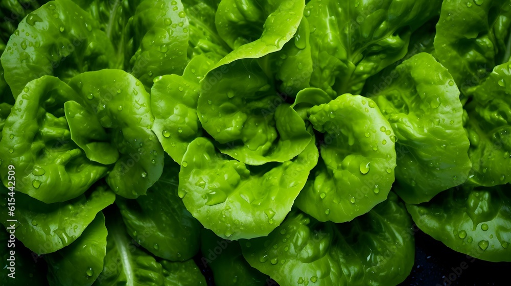 Overhead Shot of Lettuce with visible Water Drops. Close up.
Overhead Shot of Lettuce with visible Water Drops. Close up.
