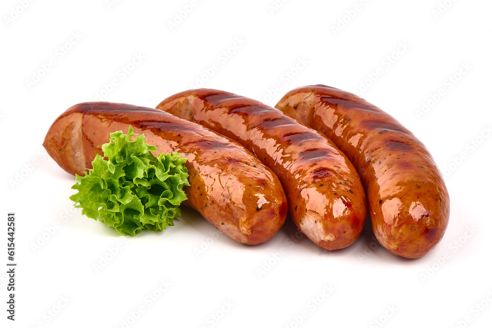 Grilled bratwurst Pork Sausages with basil leaves, close-up, isolated on white background. Grilled bratwurst Pork Sausages with basil leaves, close-up, isolated on white background.
