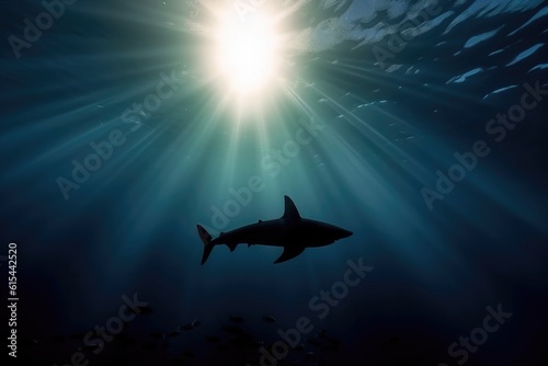 silhouette of shark swimming among rays, with stunning underwater view, created with generative ai © Natalia
