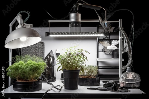 close-up of the various parts and pieces that go into a homegrow setup, including lighting and ventilation, created with generative ai photo