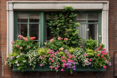 green wall with flowering window box arrangement, created with generative ai