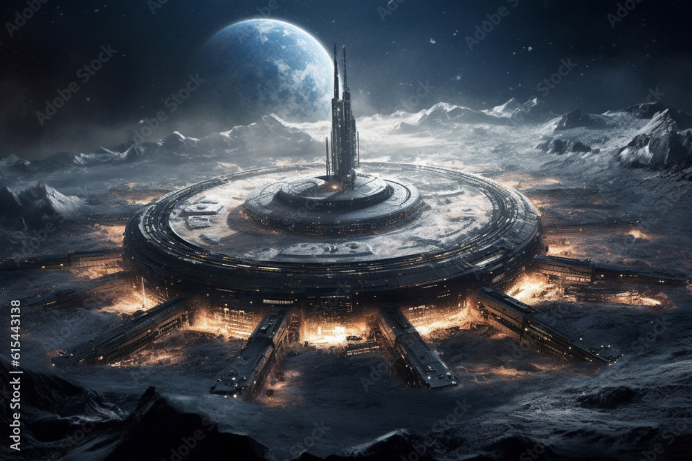 Sci fi futuristic alien base thriving on the enigmatic lunar landscape ...
