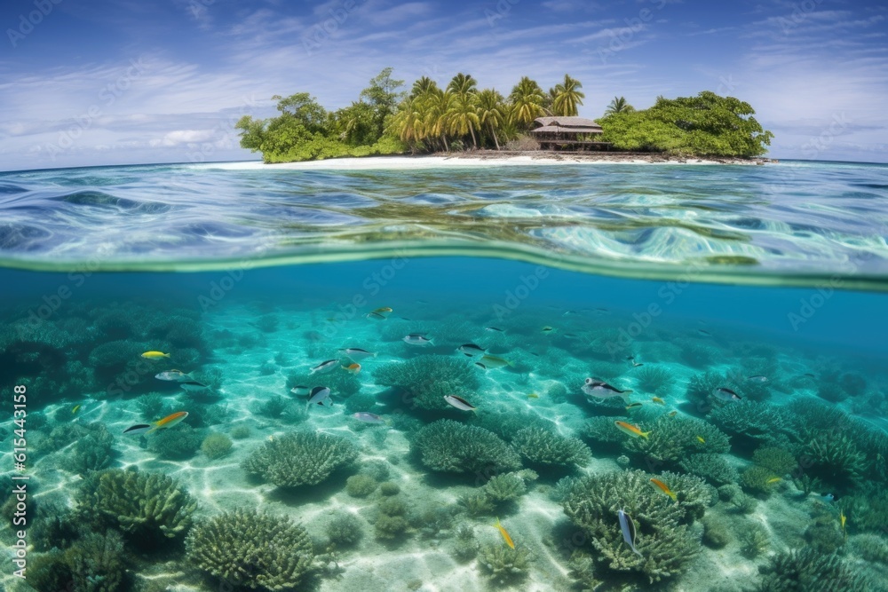 Fototapeta premium remote island with crystal-clear waters and tropical fish swimming, created with generative ai