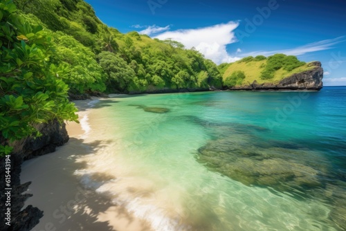 remote island beach, with clear blue waters and rolling surf, surrounded by tropical greenery, created with generative ai