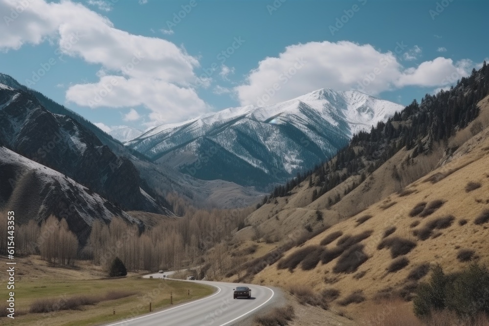 scenic road trip through the mountains, with views of snow-capped peaks and rushing streams, created with generative ai