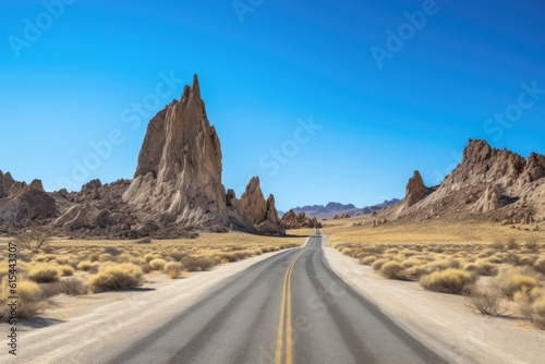 scenic road trip through the desert, with towering rock formations and clear blue skies, created with generative ai