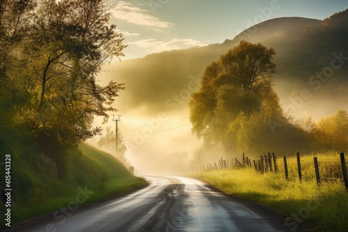 morning mist over a scenic mountain road, created with generative ai