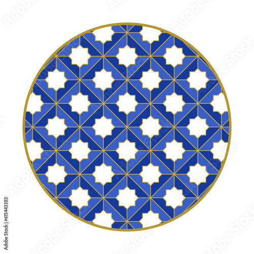 Porcelain plate with traditional blue on white design in Asian style. design pattern for background, plate, dish, bowl, lid, tray, salver, vector illustration art embroidery. geometric star and tile.
