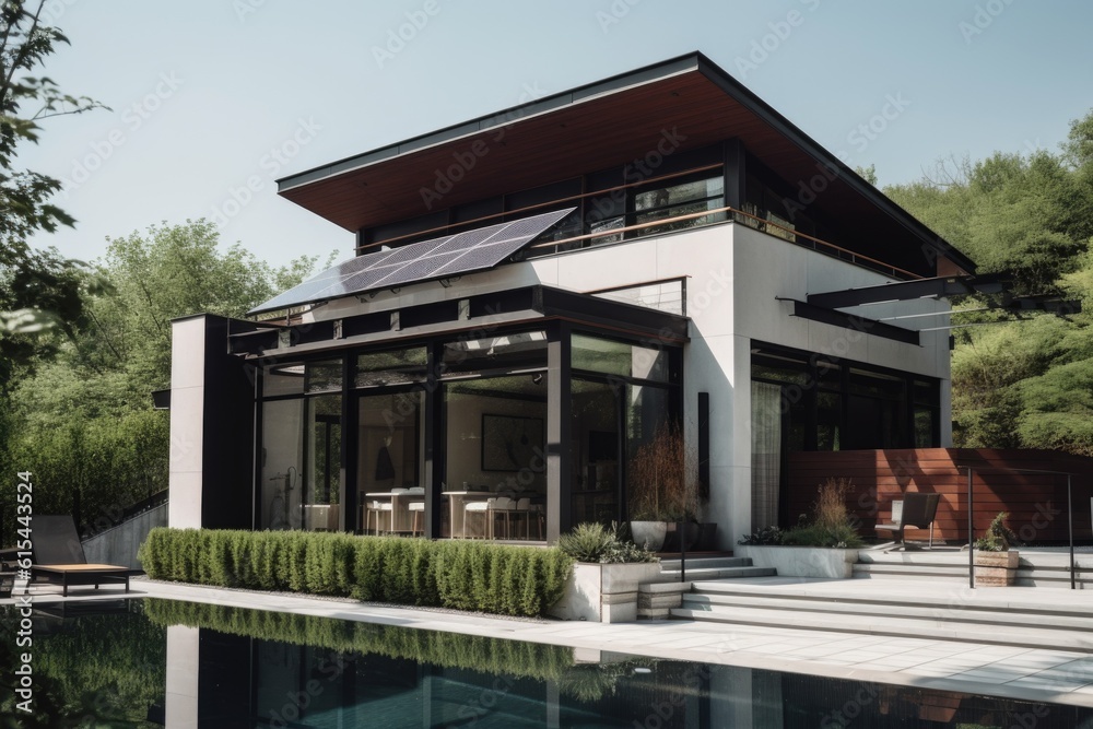 modern house, with sleek and minimalist design, featuring solar panels on the roof, created with generative ai