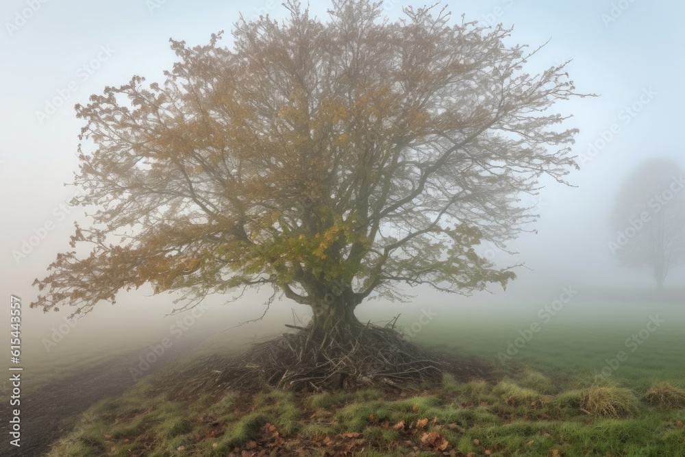 Fototapeta premium sprouting tree in a misty morning, surrounded by fog, created with generative ai