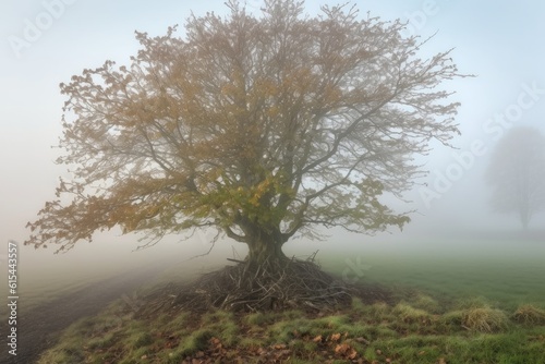 sprouting tree in a misty morning  surrounded by fog  created with generative ai