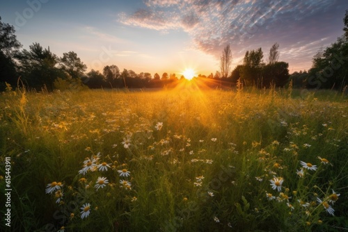 wildflower meadow in golden sunrise, with the sun peeking over the horizon, created with generative ai