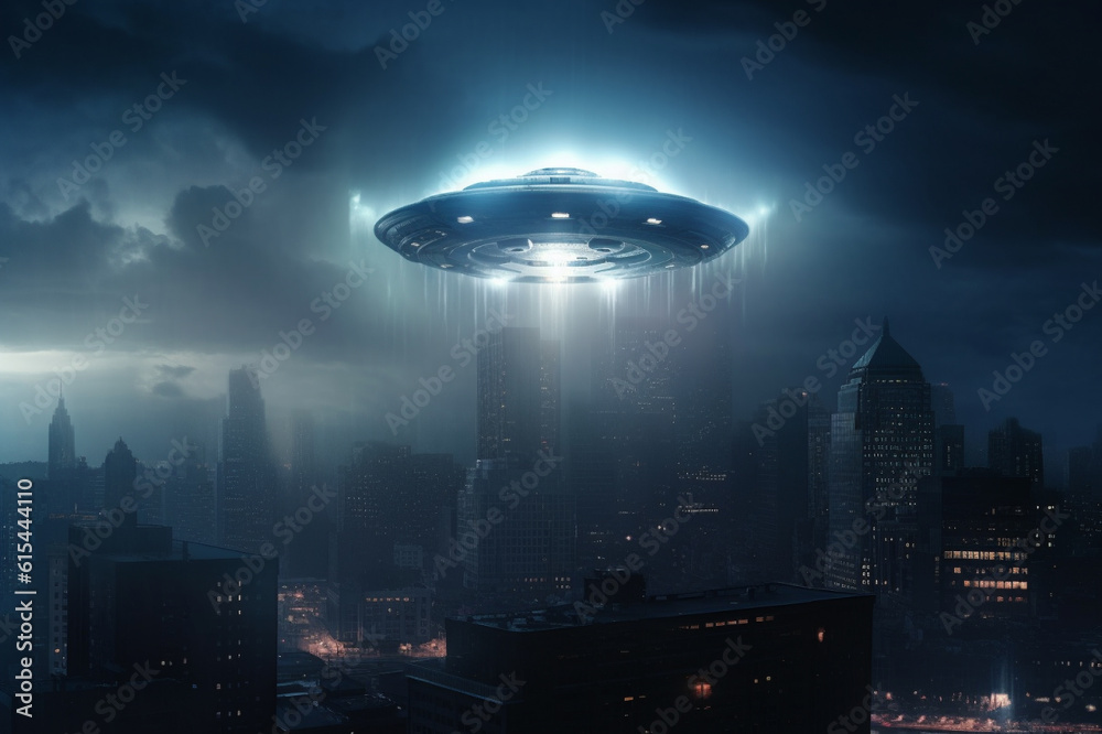 An otherworldly ufo alien mother ship descends upon a cityscape adorned ...