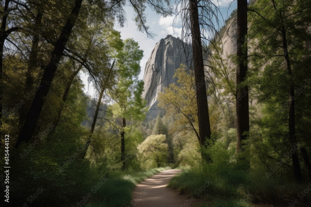 hiking trail lined with tall trees and towering cliffs in the background, created with generative ai