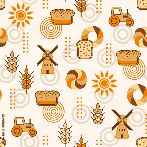 Bread, bakery themed background with icons, design elements in simple style. Seamless pattern with abstract shapes. Good for branding, decoration of food package, cover design, decorative print